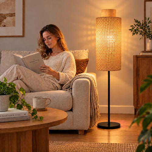 velqazir Cane Woven Column Floor Lamp